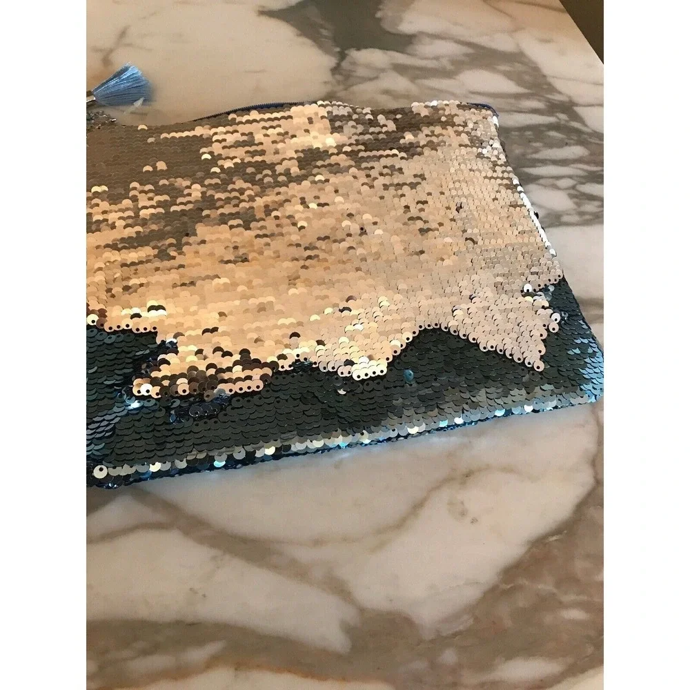 NEW Frozen Pencil Makeup Bag Pouch Elsa  Fearless Flip Sequin Blue Silver